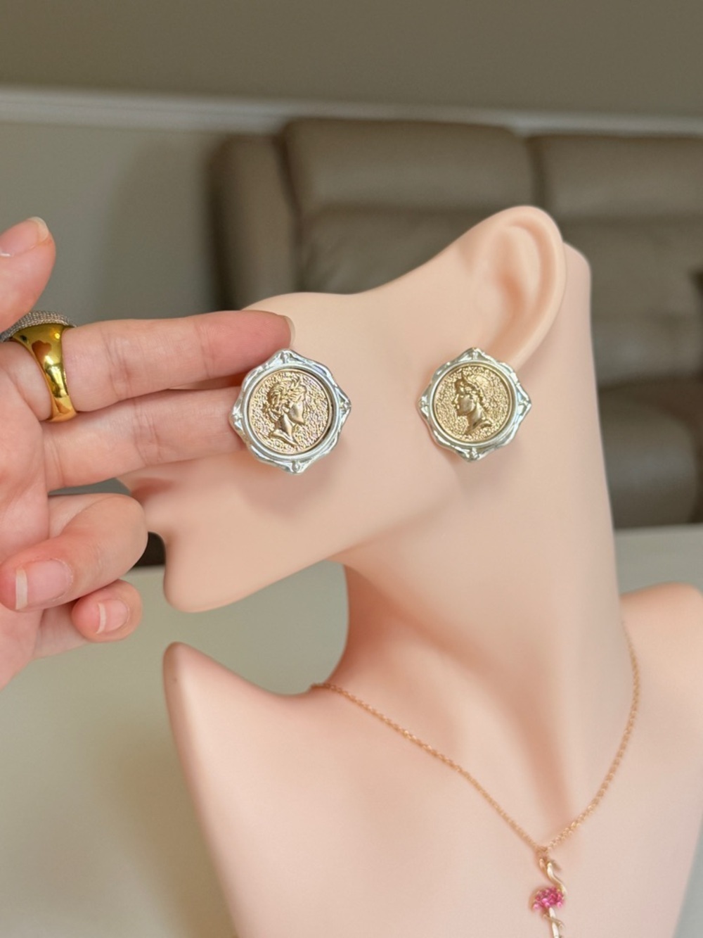 Gold and Silver Coin Medallion Earrings - Picture 5 of 10